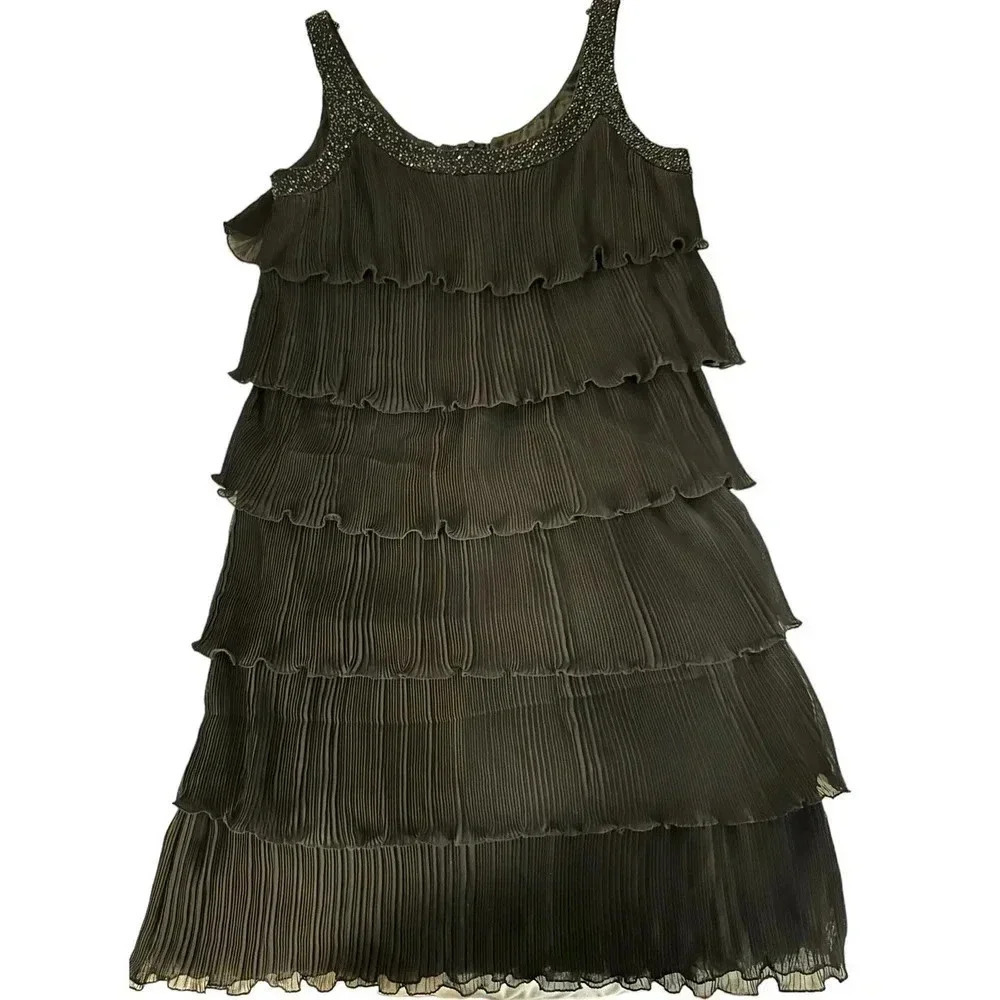 Patra Women's Black Sleeveless Ruffle Beaded Back Zip Midi Dress Size 12